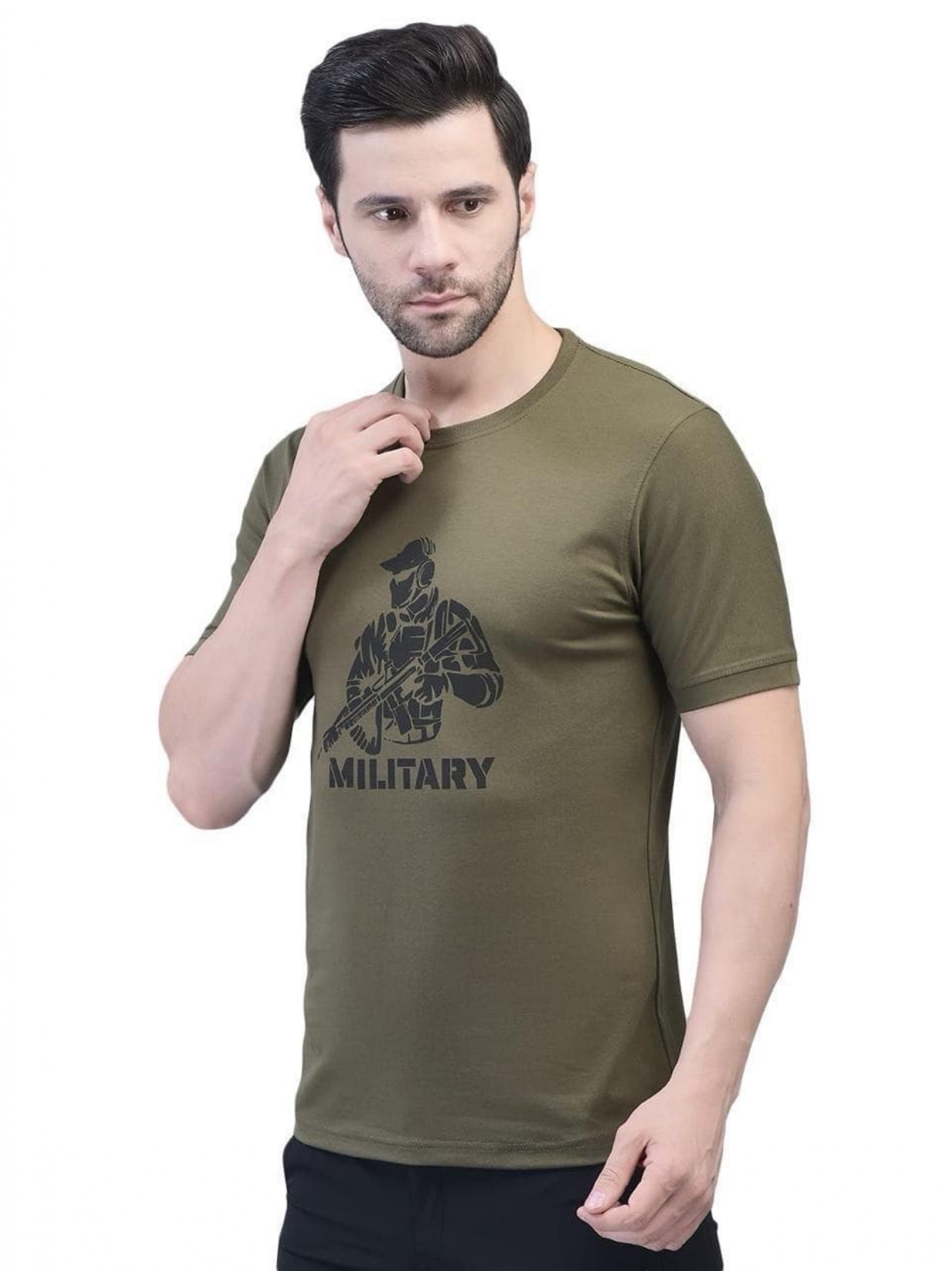 Green cotton lycra tee with front military logo